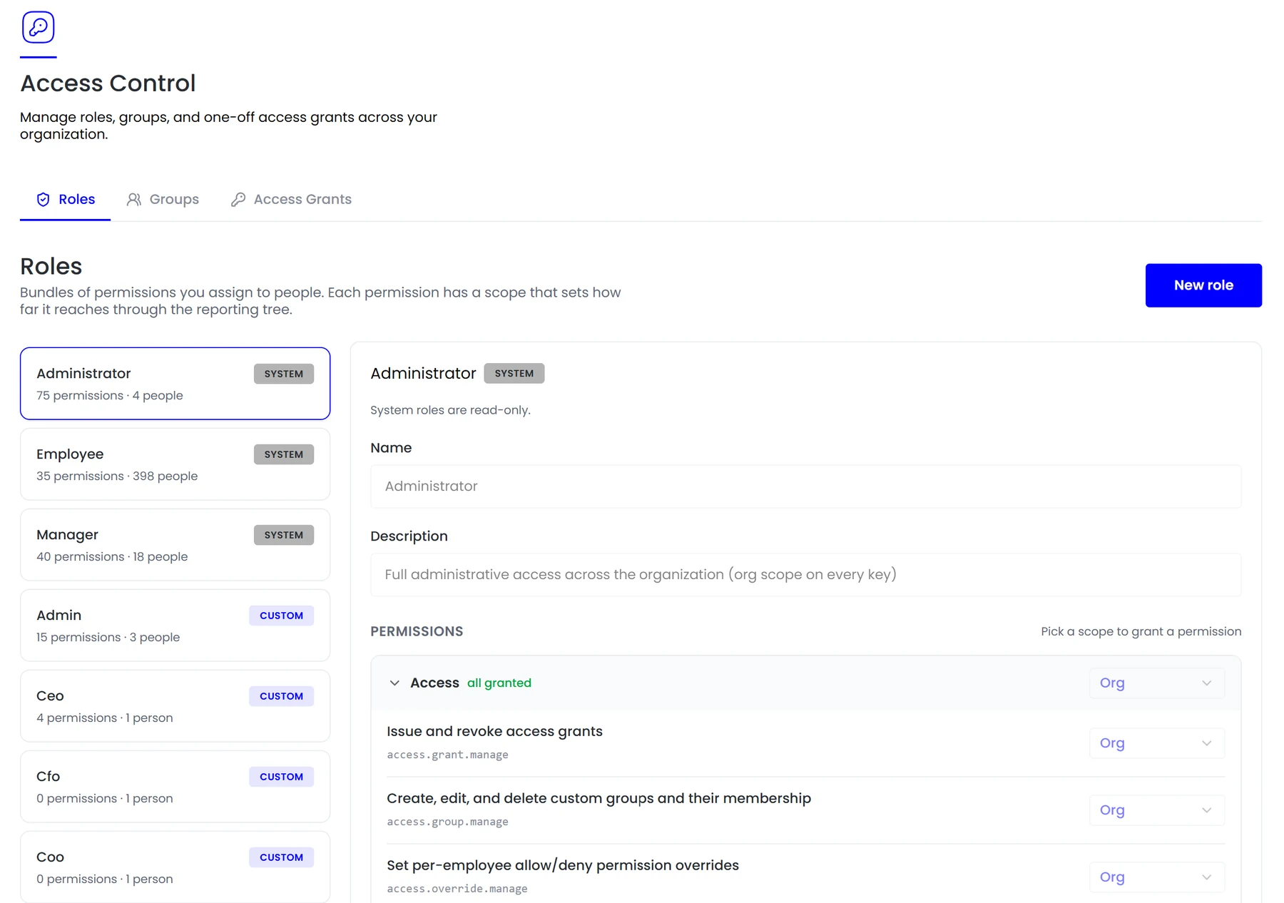 Access control showing system and custom roles with their permission counts and scopes