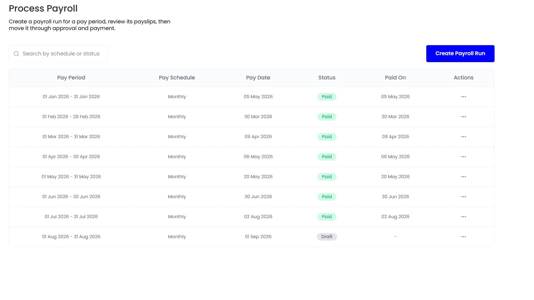 A list of payroll runs by pay period with schedule, pay date, status and paid date